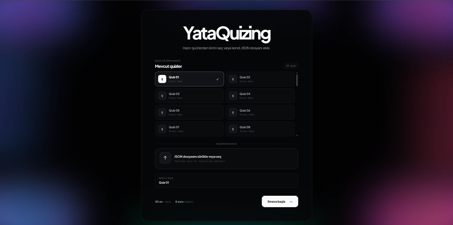 YataQuizing quiz seçimi ve JSON dosyası yükleme ekranı